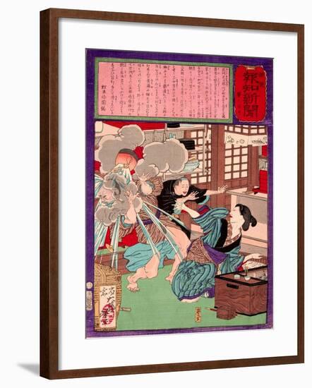 Ukiyo-E Newspaper: a Noodle Shop Wife Throw a Boiling Pot to Her Husband-Yoshitoshi Tsukioka-Framed Giclee Print