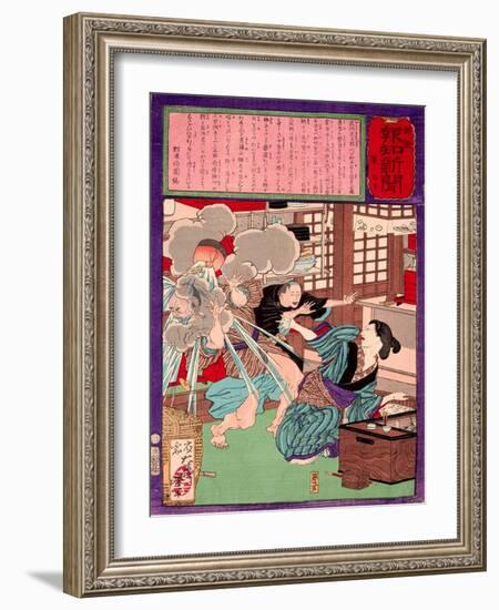 Ukiyo-E Newspaper: a Noodle Shop Wife Throw a Boiling Pot to Her Husband-Yoshitoshi Tsukioka-Framed Giclee Print