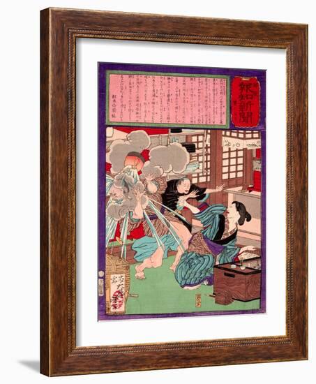 Ukiyo-E Newspaper: a Noodle Shop Wife Throw a Boiling Pot to Her Husband-Yoshitoshi Tsukioka-Framed Giclee Print