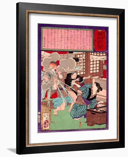 Ukiyo-E Newspaper: a Noodle Shop Wife Throw a Boiling Pot to Her Husband-Yoshitoshi Tsukioka-Framed Giclee Print