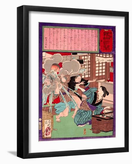 Ukiyo-E Newspaper: a Noodle Shop Wife Throw a Boiling Pot to Her Husband-Yoshitoshi Tsukioka-Framed Giclee Print