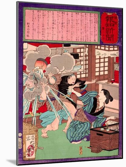 Ukiyo-E Newspaper: a Noodle Shop Wife Throw a Boiling Pot to Her Husband-Yoshitoshi Tsukioka-Mounted Giclee Print