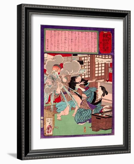 Ukiyo-E Newspaper: a Noodle Shop Wife Throw a Boiling Pot to Her Husband-Yoshitoshi Tsukioka-Framed Giclee Print