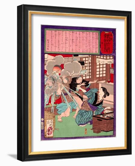 Ukiyo-E Newspaper: a Noodle Shop Wife Throw a Boiling Pot to Her Husband-Yoshitoshi Tsukioka-Framed Giclee Print