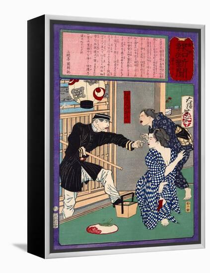 Ukiyo-E Newspaper: a Young Geisha Ofuta Almost Got Arrested to Expose Sing Herself-Yoshitoshi Tsukioka-Framed Premier Image Canvas