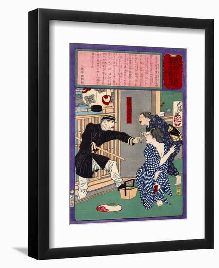 Ukiyo-E Newspaper: a Young Geisha Ofuta Almost Got Arrested to Expose Sing Herself-Yoshitoshi Tsukioka-Framed Giclee Print