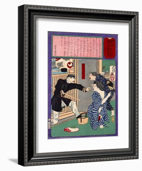 Ukiyo-E Newspaper: a Young Geisha Ofuta Almost Got Arrested to Expose Sing Herself-Yoshitoshi Tsukioka-Framed Giclee Print