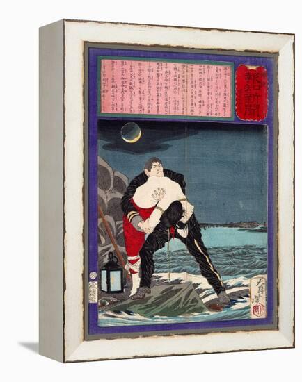 Ukiyo-E Newspaper: a Young Girl with Sticky Fingers Being Throw into a River by His Brother-Yoshitoshi Tsukioka-Framed Premier Image Canvas