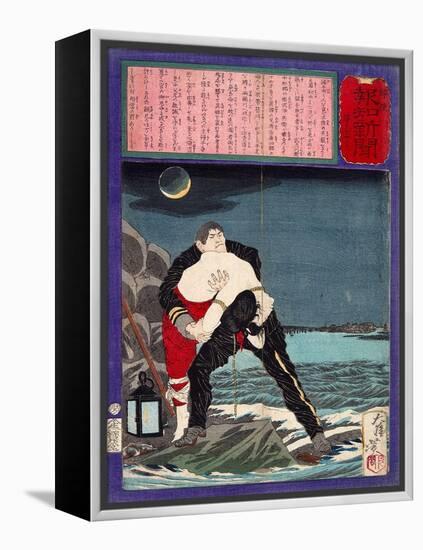 Ukiyo-E Newspaper: a Young Girl with Sticky Fingers Being Throw into a River by His Brother-Yoshitoshi Tsukioka-Framed Premier Image Canvas