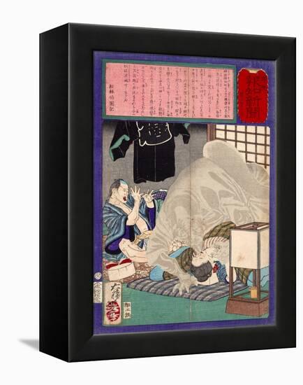 Ukiyo-E Newspaper: Black Monk Monster Kurobozu Attacks a Carpenter's Wife after Midnight-Yoshitoshi Tsukioka-Framed Premier Image Canvas