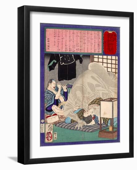 Ukiyo-E Newspaper: Black Monk Monster Kurobozu Attacks a Carpenter's Wife after Midnight-Yoshitoshi Tsukioka-Framed Giclee Print