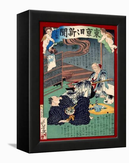 Ukiyo-E Newspaper: Lovesick of 87 Years Old Foster Mother at Noodle Shop-Yoshiiku Ochiai-Framed Premier Image Canvas