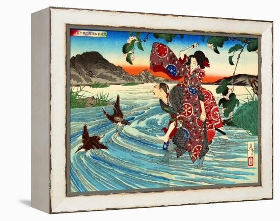 Ukiyo-E Newspaper: Natsume Shirosaburo Carries Kijin Omatsu over the River-Yoshitoshi Tsukioka-Framed Premier Image Canvas