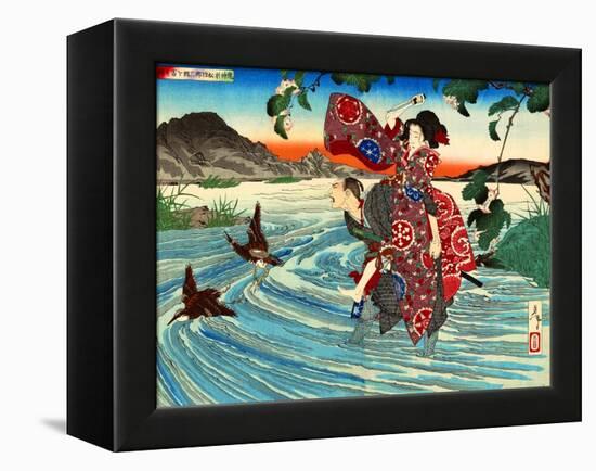 Ukiyo-E Newspaper: Natsume Shirosaburo Carries Kijin Omatsu over the River-Yoshitoshi Tsukioka-Framed Premier Image Canvas