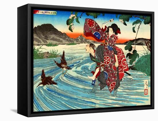 Ukiyo-E Newspaper: Natsume Shirosaburo Carries Kijin Omatsu over the River-Yoshitoshi Tsukioka-Framed Premier Image Canvas