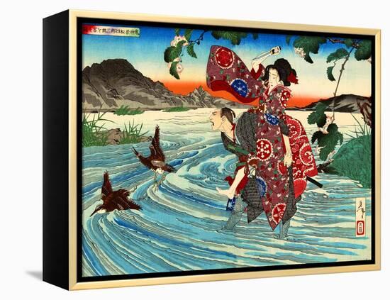 Ukiyo-E Newspaper: Natsume Shirosaburo Carries Kijin Omatsu over the River-Yoshitoshi Tsukioka-Framed Premier Image Canvas