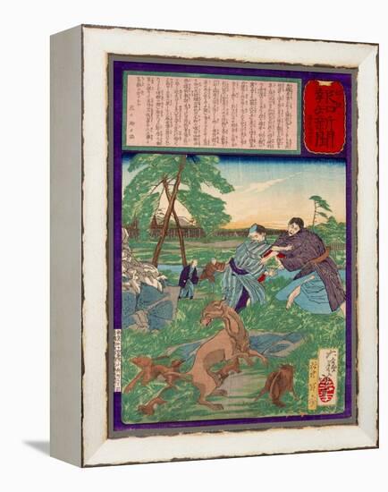 Ukiyo-E Newspaper: Racoons Saves a Weasel from a Vicious Dog-Yoshitoshi Tsukioka-Framed Premier Image Canvas