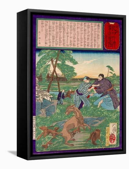 Ukiyo-E Newspaper: Racoons Saves a Weasel from a Vicious Dog-Yoshitoshi Tsukioka-Framed Premier Image Canvas