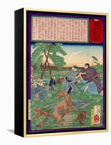 Ukiyo-E Newspaper: Racoons Saves a Weasel from a Vicious Dog-Yoshitoshi Tsukioka-Framed Premier Image Canvas