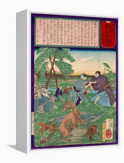 Ukiyo-E Newspaper: Racoons Saves a Weasel from a Vicious Dog-Yoshitoshi Tsukioka-Framed Premier Image Canvas