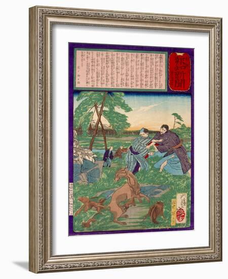 Ukiyo-E Newspaper: Racoons Saves a Weasel from a Vicious Dog-Yoshitoshi Tsukioka-Framed Giclee Print