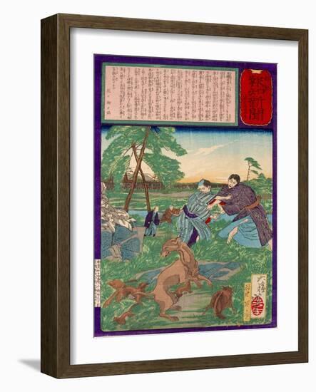 Ukiyo-E Newspaper: Racoons Saves a Weasel from a Vicious Dog-Yoshitoshi Tsukioka-Framed Giclee Print