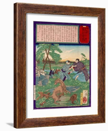 Ukiyo-E Newspaper: Racoons Saves a Weasel from a Vicious Dog-Yoshitoshi Tsukioka-Framed Giclee Print