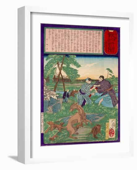 Ukiyo-E Newspaper: Racoons Saves a Weasel from a Vicious Dog-Yoshitoshi Tsukioka-Framed Giclee Print