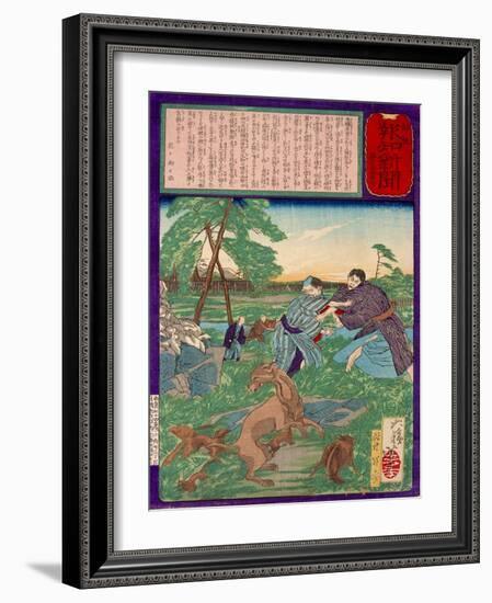 Ukiyo-E Newspaper: Racoons Saves a Weasel from a Vicious Dog-Yoshitoshi Tsukioka-Framed Giclee Print