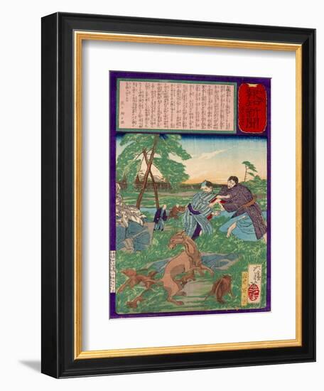 Ukiyo-E Newspaper: Racoons Saves a Weasel from a Vicious Dog-Yoshitoshi Tsukioka-Framed Giclee Print