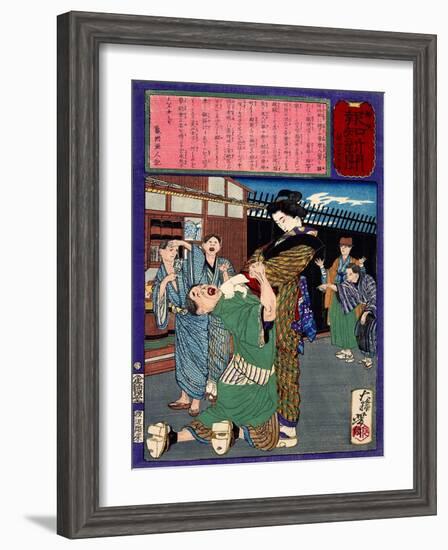 Ukiyo-E Newspaper: Renowned Swordswoman Hanako Miyamoto Punishes a Drunkard-Yoshitoshi Tsukioka-Framed Giclee Print