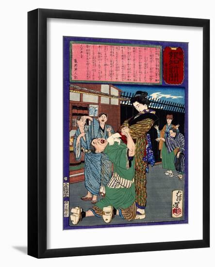 Ukiyo-E Newspaper: Renowned Swordswoman Hanako Miyamoto Punishes a Drunkard-Yoshitoshi Tsukioka-Framed Giclee Print