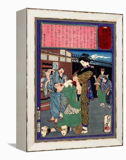 Ukiyo-E Newspaper: Renowned Swordswoman Hanako Miyamoto Punishes a Drunkard-Yoshitoshi Tsukioka-Framed Premier Image Canvas