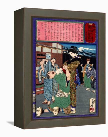 Ukiyo-E Newspaper: Renowned Swordswoman Hanako Miyamoto Punishes a Drunkard-Yoshitoshi Tsukioka-Framed Premier Image Canvas