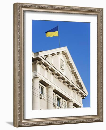 Ukrainian Flag Atop Classical Architecture, Kiev, Ukraine, Europe-Christian Kober-Framed Photographic Print