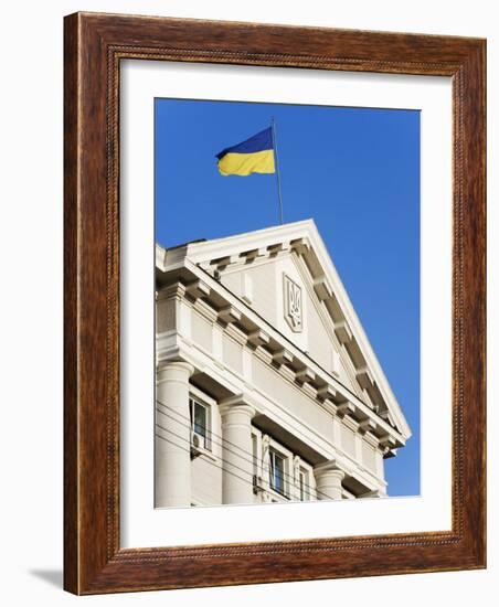 Ukrainian Flag Atop Classical Architecture, Kiev, Ukraine, Europe-Christian Kober-Framed Photographic Print