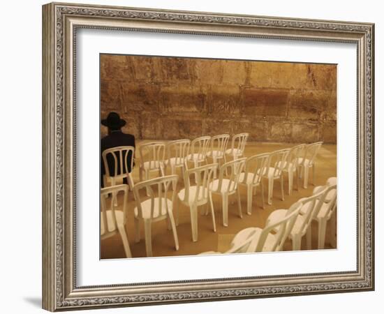 Ultra-Orthodox Jewish Man Sits During a Procession Bringing a Torah Scroll from the Western Wall-null-Framed Photographic Print