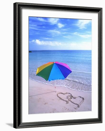 Umbrella on the Beach with Hearts Drawn in the Sand-Bill Bachmann-Framed Photographic Print