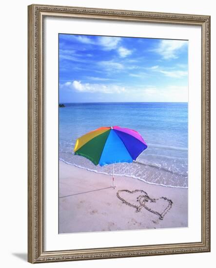 Umbrella on the Beach with Hearts Drawn in the Sand-Bill Bachmann-Framed Photographic Print