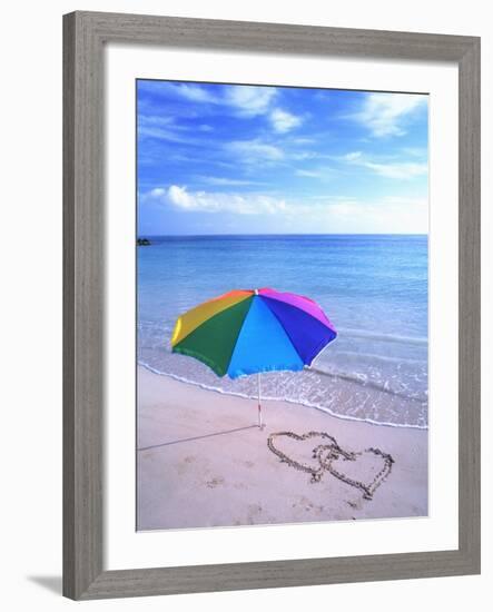 Umbrella on the Beach with Hearts Drawn in the Sand-Bill Bachmann-Framed Photographic Print