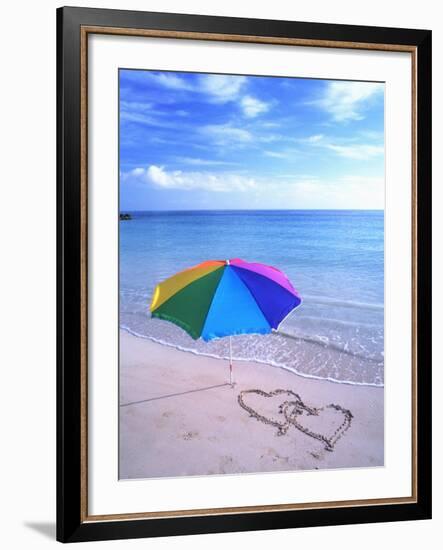 Umbrella on the Beach with Hearts Drawn in the Sand-Bill Bachmann-Framed Photographic Print