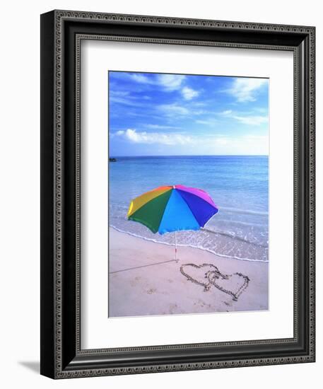 Umbrella on the Beach with Hearts Drawn in the Sand-Bill Bachmann-Framed Photographic Print