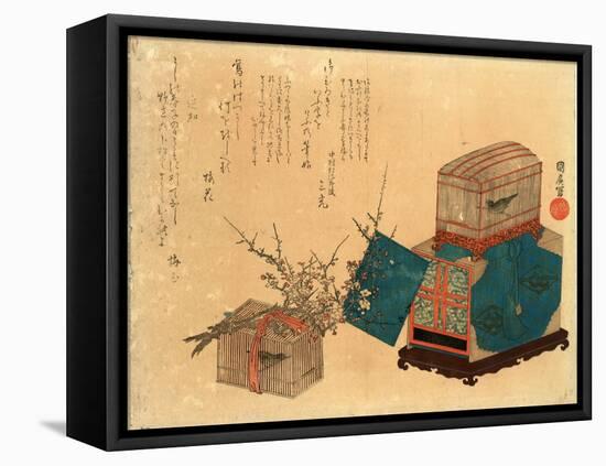 Ume Ni Kago No Uguisu, Caged Bush Warbler and Plum. Print Shows Two Birdcages, One Sitting on a Box-null-Framed Premier Image Canvas