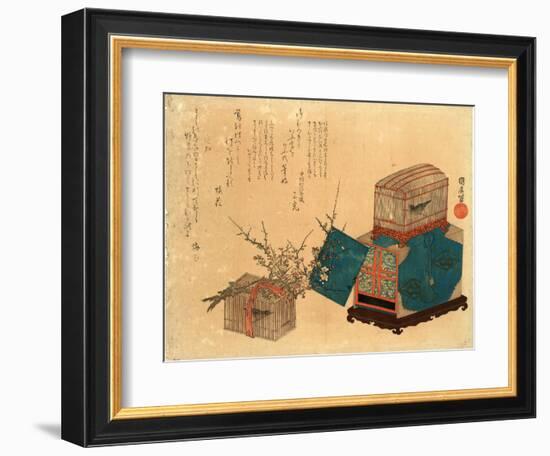 Ume Ni Kago No Uguisu, Caged Bush Warbler and Plum. Print Shows Two Birdcages, One Sitting on a Box-null-Framed Giclee Print