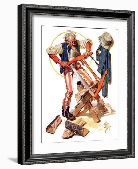 "Uncle Sam Sawing Wood,"July 2, 1932-Joseph Christian Leyendecker-Framed Giclee Print