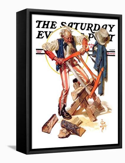 "Uncle Sam Sawing Wood," Saturday Evening Post Cover, July 2, 1932-Joseph Christian Leyendecker-Framed Premier Image Canvas