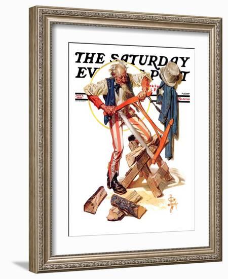 "Uncle Sam Sawing Wood," Saturday Evening Post Cover, July 2, 1932-Joseph Christian Leyendecker-Framed Giclee Print