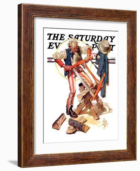 "Uncle Sam Sawing Wood," Saturday Evening Post Cover, July 2, 1932-Joseph Christian Leyendecker-Framed Giclee Print