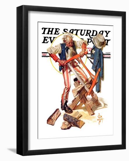 "Uncle Sam Sawing Wood," Saturday Evening Post Cover, July 2, 1932-Joseph Christian Leyendecker-Framed Giclee Print