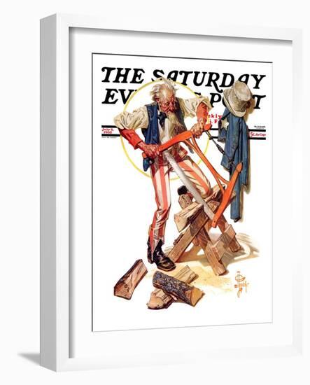 "Uncle Sam Sawing Wood," Saturday Evening Post Cover, July 2, 1932-Joseph Christian Leyendecker-Framed Giclee Print